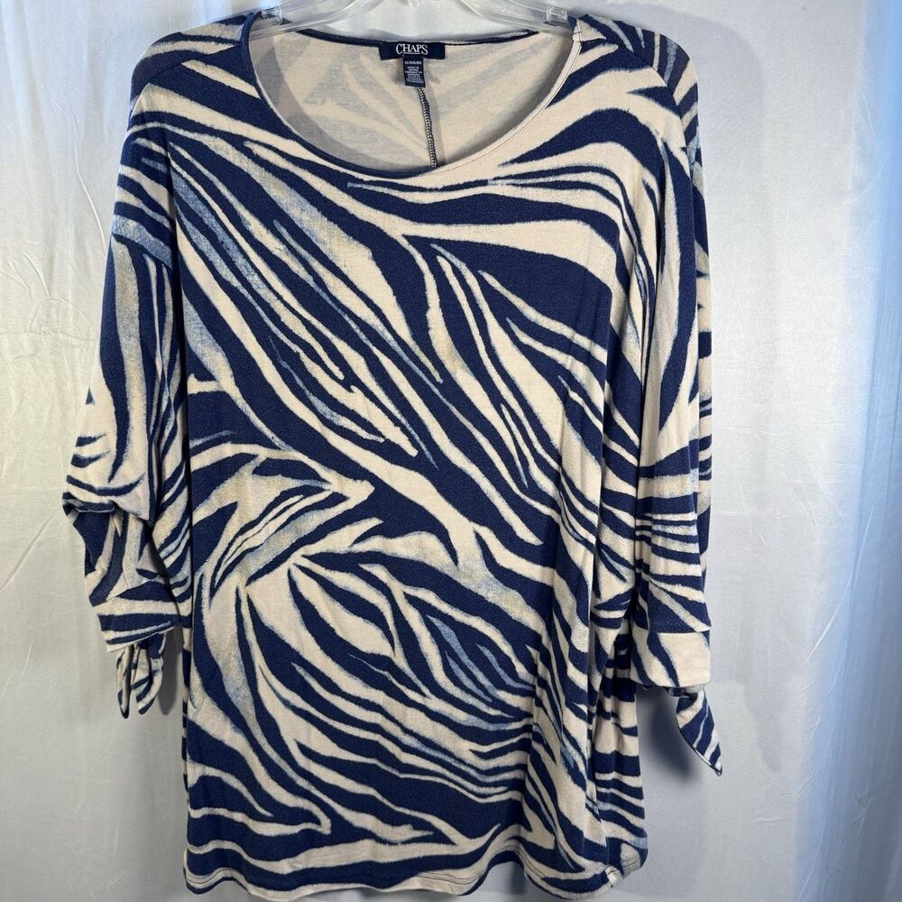 Chaps Women’s XL Blue White Zebra Print 3/4 Sleeve Blouse Tunic Top